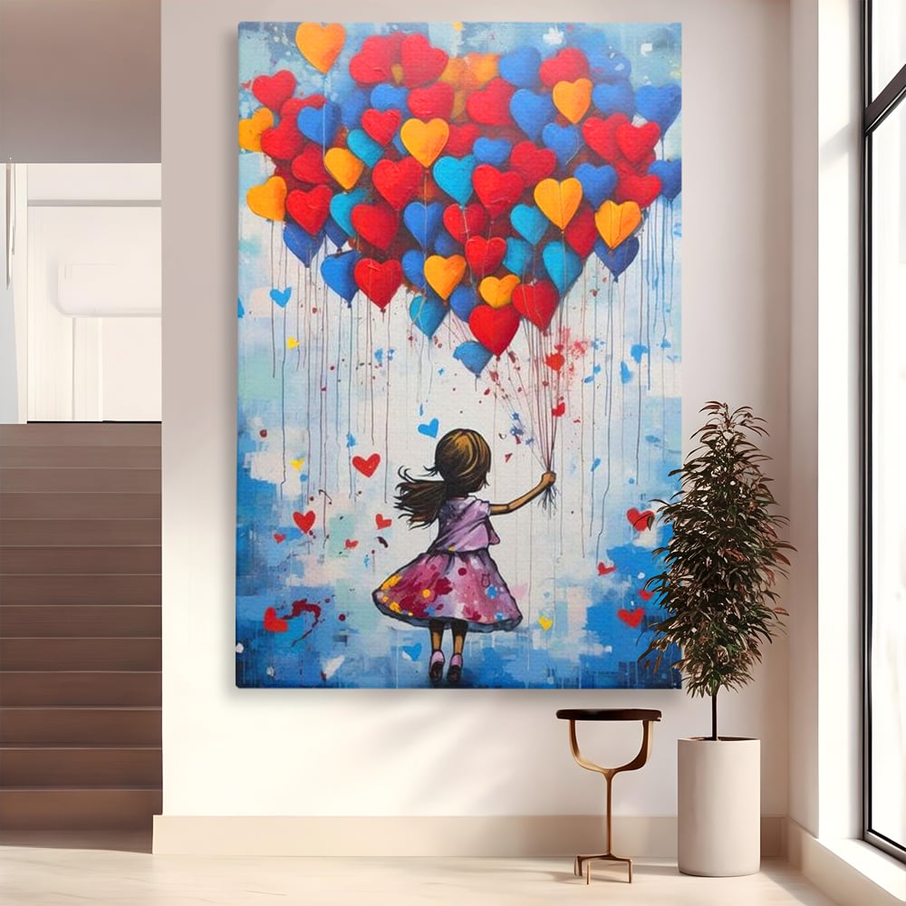 Tablou canvas cu tablou canvas cu fetita si baloane in forma de inima, fara rama, pe sasiu de lemn
